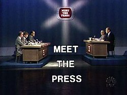 Meet the Press set, November 1975. On this broadcast, a sitting American president (Gerald Ford) was, for the first time, a guest on a live television network news program.