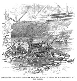 July 20, 1861 Harper's Weekly news illustration with camel back locomotive and tender wrecked by rebels in Harpers Ferry
