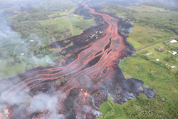 Lava erupting from Kīlauea, one of six active volcanoes in the Hawaiian islands. Kīlauea is the most active, erupting nearly continuously from 1983 to 2018.