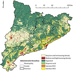 Map of the wildland–urban interface in Catalonia featuring intermix and interface zones