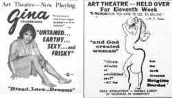 U.S. art-house advertisements from the 1950s. Many Americans at the time turned towards racier and more provocative foreign films, which remained largely free from code restrictions.[68]