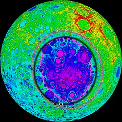 Topographic map of the South Pole–Aitken basin based on Kaguya data. Red represents high elevation, purple represents low elevation. The purple and grey elliptical rings trace the inner and outer walls of the basin. (The black ring is an old artifact of the image.)
