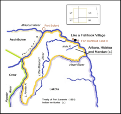 Arikara, Hidatsa and Mandan Indian territory, 1851. Like-a-Fishhook Village, Fort Berthold I and II, and military post Fort Buford, North Dakota.