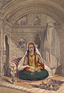 Ladies of Caubul (Kabul, Afghanistan) showing the lifting of purdah in zenana areas – 1848 lithograph by James Rattray, Oriental and India Office Collection, British Library