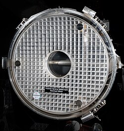 The backup mirror, by Kodak; its inner support structure can be seen because it is not coated with a reflective surface.