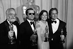 Saul Zaentz, Nicholson, Louise Fletcher and Michael Douglas at the 1976 Academy Awards