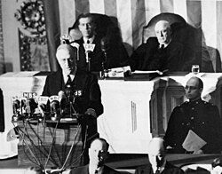 President Franklin D. Roosevelt delivering the "Infamy Speech" to Congress, requesting a declaration of war, December 8, 1941.