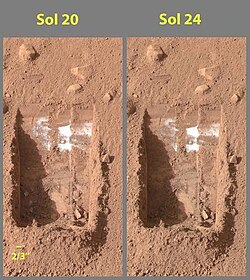 Side-by-side images of a trench dug by Phoenix's robotic arm, showing the sublimation of material – three whitish clumps in the lower left corner of the trench – presumed to be water ice, over the course of four days (Sol 20 to Sol 24).