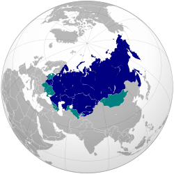 Hemisphere view of countries where Russian is an official language and countries where it is spoken as a first or second language by at least 30% of the population but is not an official language