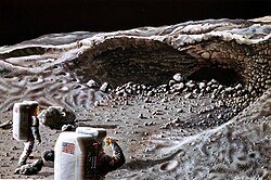Lunar lava tubes have been envisioned to house humans (NASA drawing of astronauts exploring a cave on the Moon, 1988).