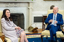 Former New Zealand prime minister Jacinda Ardern with US president Joe Biden in the Oval Office, 2022