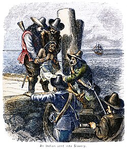 Native American being enslaved by Virginia colonists in the 17th century