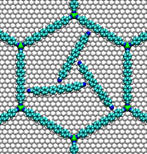 Molecular dynamics simulation of a synthetic molecular motor composed of three molecules in a nanopore (outer diameter 6.7 nm) at 250 K[90]