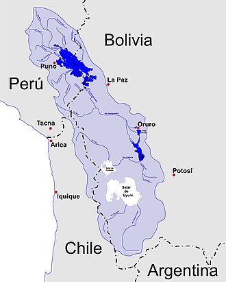 A map of the endorheic river basins that characterize the altiplano. In the north is Lake Titicaca and the Desaguadero River system; in the south is the Salar de Uyuni salt flat. The non-endorheic altiplano extends southward into Argentina and Chile.