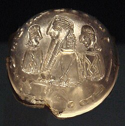 Sealstone of Mani, rock crystal, possibly 3rd century AD, Iraq. Cabinet des Médailles, Paris.[83][84] The seal reads "Mani, messenger of the messiah", and may have been used by Mani himself to sign his epistles.[85]