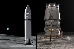 Renderings of the Human Landing System spacecraft: SpaceX's Starship HLS (left) and Blue Origin's Blue Moon Mark 2 (right)