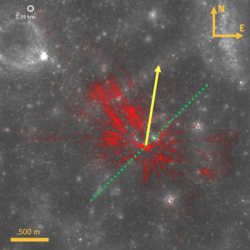 From Rizos et al. 2025[83]. Ejecta blanket produced by the brightest lunar impact flash ever recorded, observed on 11 September 2013. Red pixels indicate ejecta material identified through clustering analysis of Lunar Reconnaissance Orbiter (LRO) images.