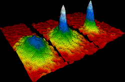 The first Bose–Einstein condensate observed in a gas of ultracold rubidium atoms. The blue and white areas represent higher density.