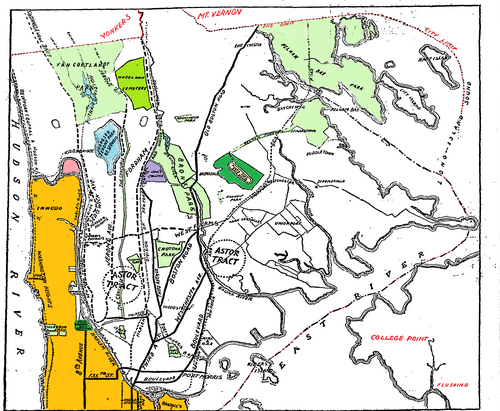 An 1896 New York Times map of parks and transit in the newly annexed Bronx. Marble Hill is in pink, cut off by water from the rest of Manhattan in orange. Van Cortlandt, Pelham Bay and Crotona Parks are light green, as is Bronx Park (now home to the New York Botanical Garden and Bronx Zoo). Woodlawn Cemetery is medium green, sports facilities are dark green. The not-yet-built Jerome Park Reservoir light blue, St. John's College (now Fordham University) is violet, and the city limits of the newly expanded New York are red.[114]