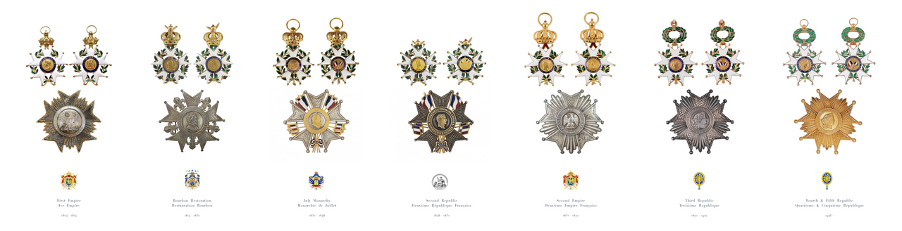 Evolution of the insignia of the Grand Cross of the Legion d'Honneur through Frances various governments and regimes, from the First Empire to the current Fifth Republic
