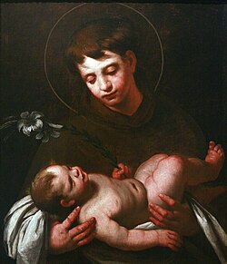 Saint Anthony of Padua holding the Infant Jesus by Strozzi, c. 1625; the white lily represents purity.