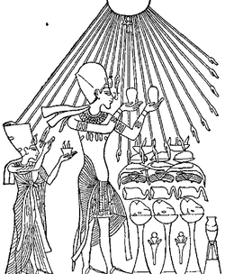 Akhenaten worshipping Aten (14th century BC; 1903 drawing)