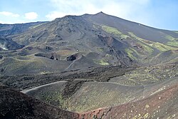Southern flank of Mount Etna showing lateral cones and flow from the eruption of 2001
