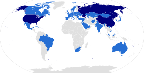 Map of countries (and successor states) that have sent humans into space as of June 2025. In dark blue are countries with their own human spacecraft.