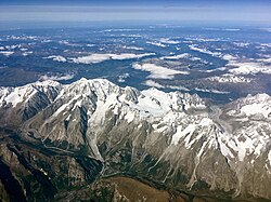 Aerial view of Mont Blanc massif, an example of a massif and also the highest summit in the Alps[1]