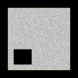 Visualization of a lattice gas automaton. The shades of grey of the individual pixels are proportional to the gas particle density (between 0 and 4) at that pixel. The gas is surrounded by a shell of black cells that act as reflectors to create a closed space.