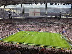 Wembley Stadium, home of the England football team, during the UEFA Women's Euro 2022 final. At 90,000 capacity, it is the biggest stadium in the UK and the second-largest stadium in Europe.