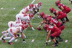 Harvard football (right) taking on Cornell (left) at Harvard Stadium in October 2019
