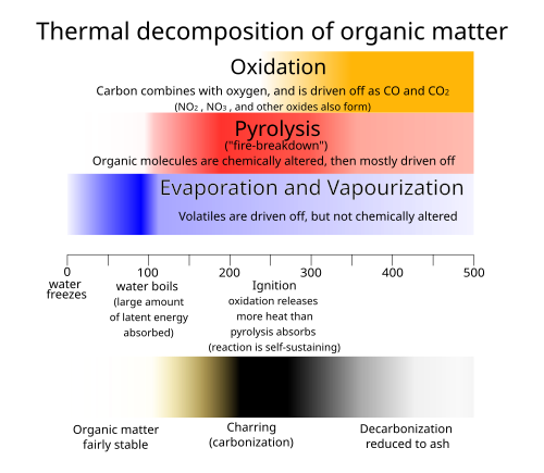 Processes in the thermal degradation of organic matter at atmospheric pressure