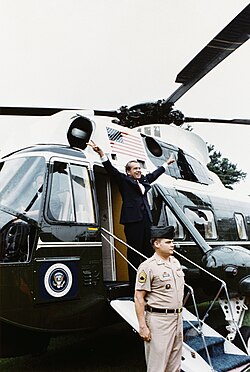 Nixon leaving the White House on Marine One shortly before his resignation became effective on August 9, 1974