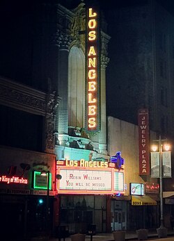 The Los Angeles Theatre honors Williams on its marquee, August 2014.