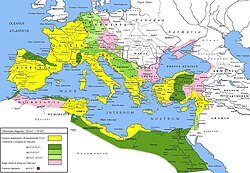 The Roman Empire under Augustus: The Republic in 31 BC (yellow) and Augustus's conquests (shades of green). Client states are in pink.