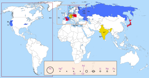 Map illustrating the place names of 41 of the chemical elements on Earth and (inset) in the Solar System