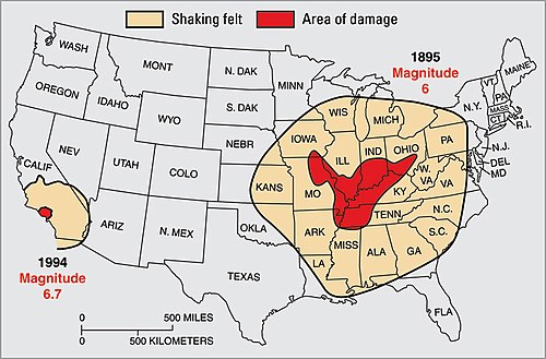 Differences in the crust underlying North America east of the Rocky Mountains makes that area more sensitive to earthquakes. Shown here: the 1895 New Madrid earthquake, M ~6, was felt through most of the central U.S., while the 1994 Northridge quake, though almost ten times stronger at M 6.7, was felt only in southern California. From USGS Fact Sheet 017–03.