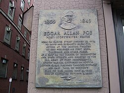 Plaque marking the approximate location of Poe's birth on Carver Street in Boston