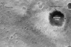 The Mars rover Spirit's landing site and tracks taken by MGS