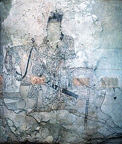 Wall painting of a mounted falconer in decorated caftan from Nīshāpūr area, Sāmānid, 10th century (Museum of Islamic Archaeology, Tehran, Iran).[36][37][38]