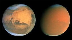 Mars without (on left) and with a global dust storm in July 2001 (on right), including different visible water ice cloud covers, as seen by the Hubble Space Telescope