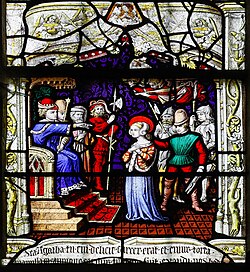 Agatha in front of the judge as depicted in a stained glass window from 1515 in Notre-Dame, Saint-Lô[18]