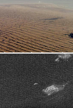 Sand dunes in the Namib Desert on Earth (top), compared with dunes in Belet on Titan