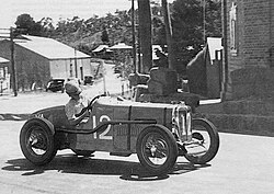 Race winner Allan Tomlinson (MG TA) contesting the 1939 Australian Grand Prix on the Lobethal Circuit