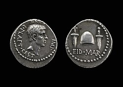 Ides of March coin minted by Marcus Junius Brutus in 43–42 BC; the daggers and pileus celebrate the assassination of Julius Caesar.