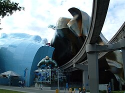 Monorail tracks going through the MOPOP building