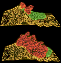 Computer graphics showing the May 18 landslide (green) being overtaken by the initial pyroclastic flow (red)