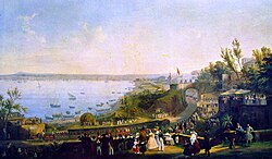 A Romantic painting by Salvatore Fergola showing the 1839 inauguration of the Naples–Portici railway line