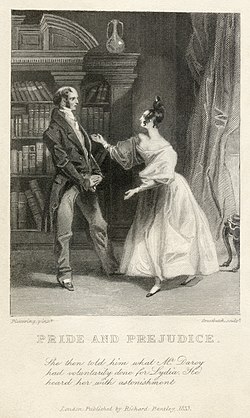 One of the first two published illustrations of Pride and Prejudice, from the Richard Bentley edition.[156] Caption reads: "She then told him [Mr Bennett] what Mr Darcy had voluntarily done for Lydia. He heard her with astonishment."